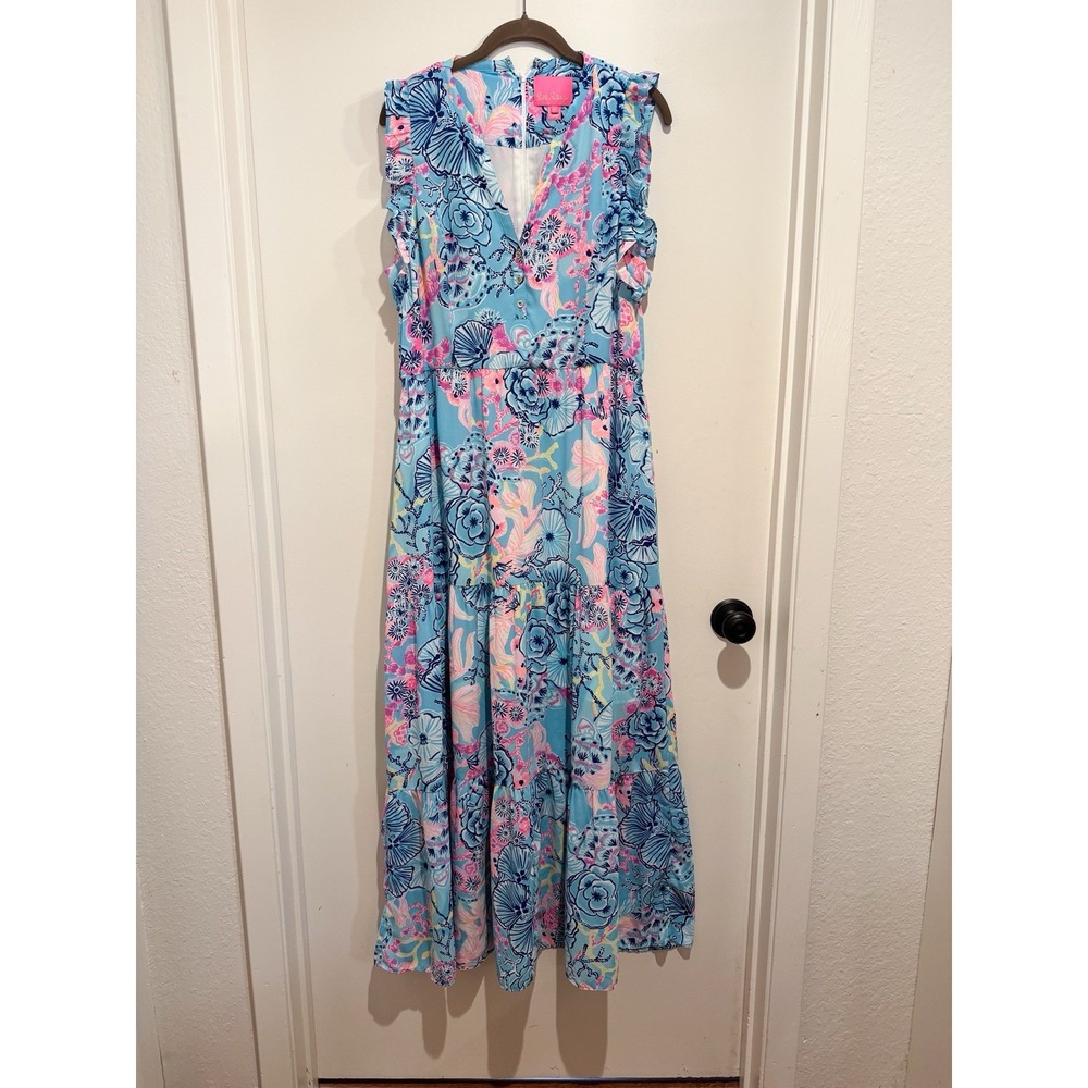 Lilly Pulitzer Destini Maxi Dress Bali Blue Once Upon A Tide Size 14 Read* - Picture 3 of 12